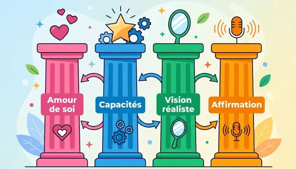 Quatre colonnes colorées symbolisant les piliers de la confiance: Amour de soi, Capacités, Vision réaliste et Affir mation, en échos vers les 4 piliers de la confiance en soi.