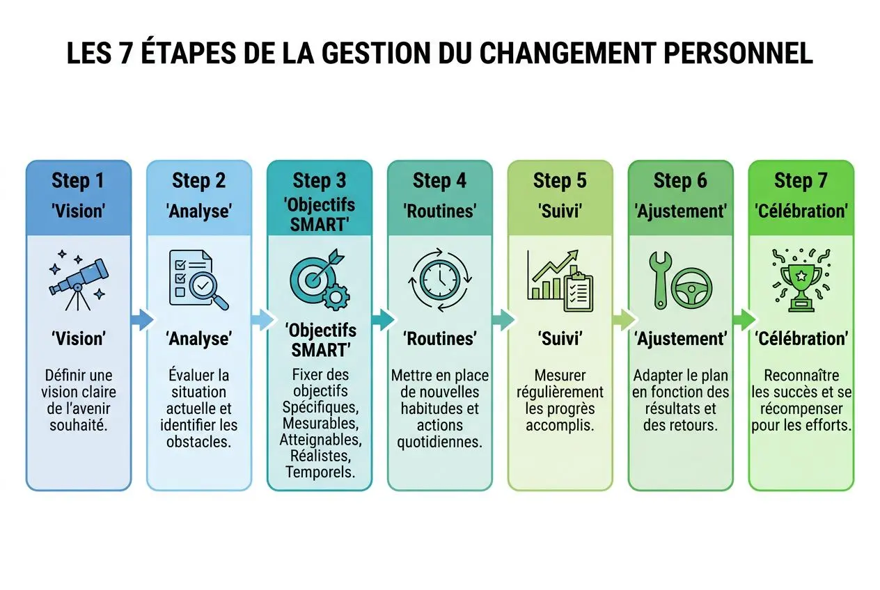Les 7 étapes de la gestion du changement personnel illustrant les 7 étapes du changement personnel avec objectifs SMART et célébration finale.