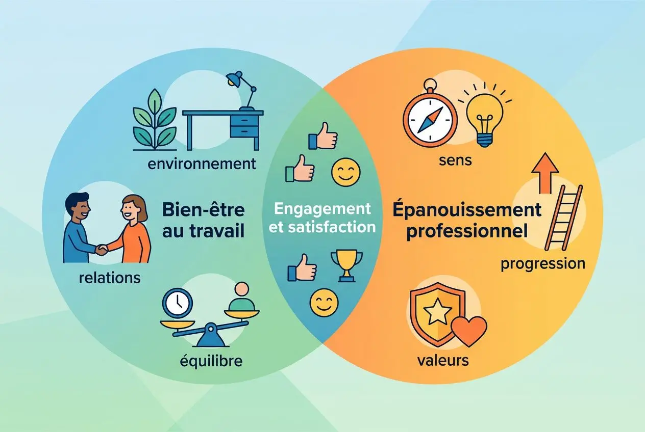Différence entre bien-être et épanouissement : diagramme Venn illustrant le bien-être au travail et l’épanouissement professionnel avec relations, équilibre, environnement, engagement, sense, progression et valeurs.