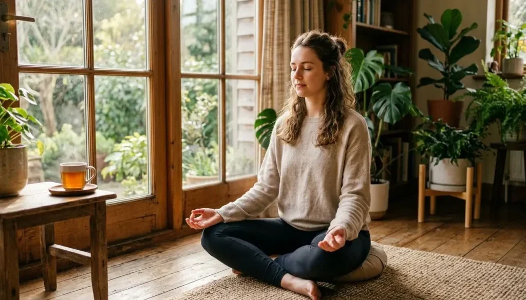 Femme assise en position de méditation près d’une fenêtre, ambiance calme et naturelle, thé sur la table et plantes d’intérieur autour. diffère entre bien-être et épanouissement.