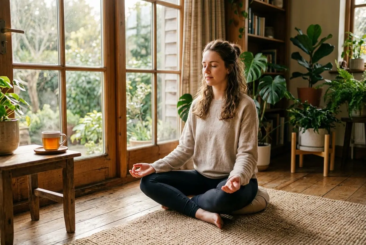 Femme assise en position de méditation près d’une fenêtre, ambiance calme et naturelle, thé sur la table et plantes d’intérieur autour. diffère entre bien-être et épanouissement.