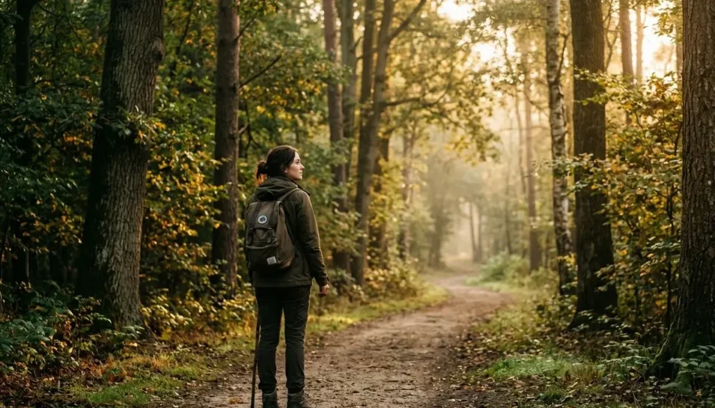 Personne marchant sur un sentier forestier, sac à dos, éclairé par une lumière dorée, évoquant un voyage intérieur lié aux 7 phases du changement personnel