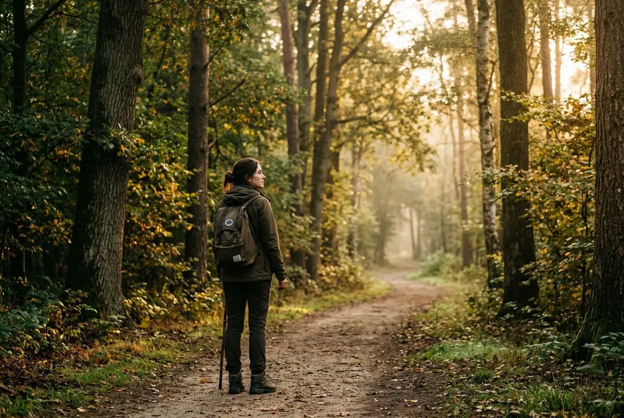 Personne marchant sur un sentier forestier, sac à dos, éclairé par une lumière dorée, évoquant un voyage intérieur lié aux 7 phases du changement personnel