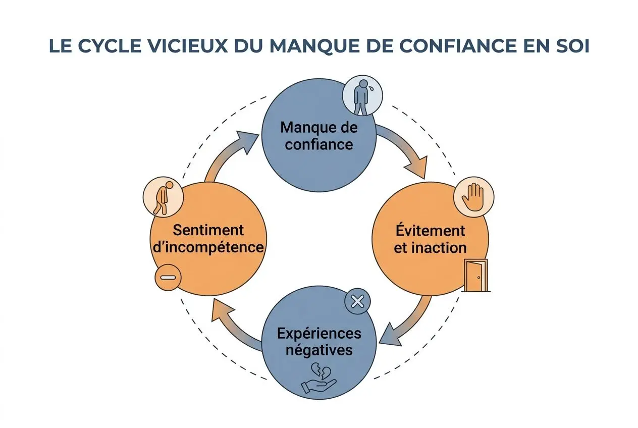 Le cycle vicieux du manque de confiance en soi: de “Manque de confiance” à “Évitement et inaction”, “Expériences négatives” puis “Sentiment d’incompétence” et retour au début.