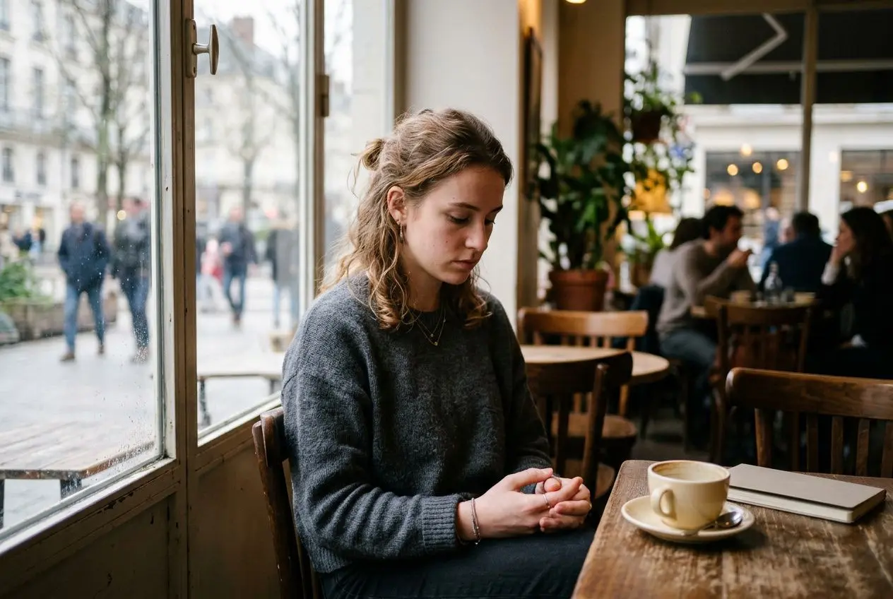 Femme assise dans un café près d’une fenêtre, l’air pensif, les mains jointes; une tasse et un carnet sur la table. Intègre subtilement les 12 signes d'un manque de confiance en soi.