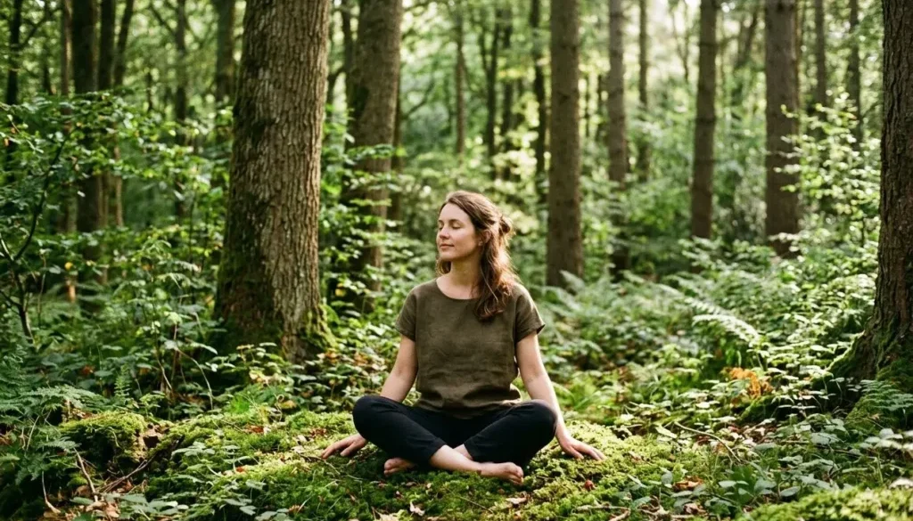Femme assise en lotus dans une forêt verdoyante, méditant calmement pour se reconnecter à la nature, ambiance zen et paisible.