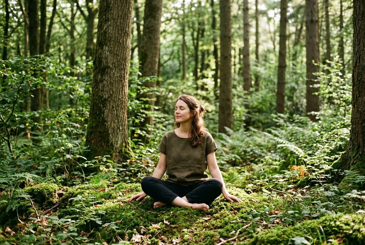Femme assise en lotus dans une forêt verdoyante, méditant calmement pour se reconnecter à la nature, ambiance zen et paisible.