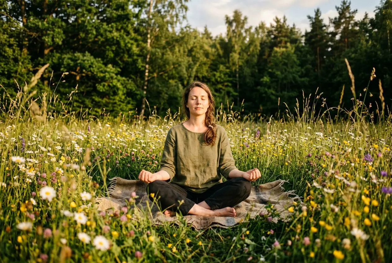 Femme assise en position de méditation dans une prairie fleurie, au milieu d’herbes et de fleurs sauvages, entourée d’un paysage forestier. Comment se reconnecter à la nature.