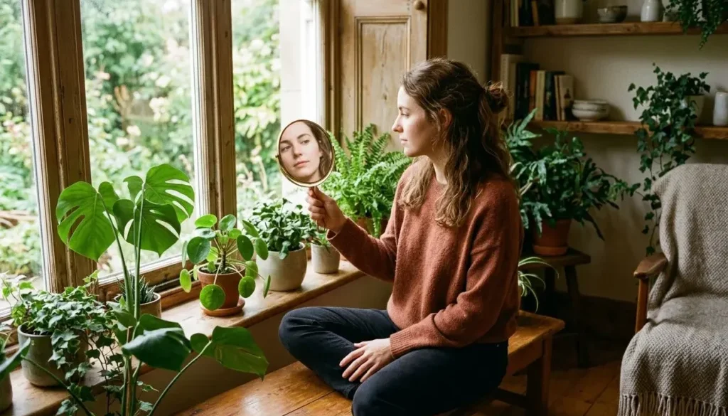 Femme assise près des fenêtres, se regardant dans un miroir, entourée de plantes d’intérieur luxuriantes. Les 3 composantes de lestime de soi émergent comme thème.