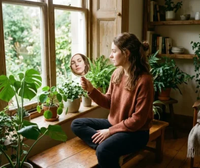 Femme assise près des fenêtres, se regardant dans un miroir, entourée de plantes d’intérieur luxuriantes. Les 3 composantes de lestime de soi émergent comme thème.