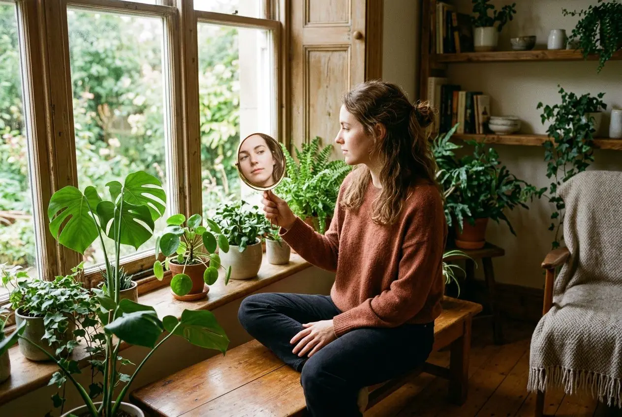Femme assise près des fenêtres, se regardant dans un miroir, entourée de plantes d’intérieur luxuriantes. Les 3 composantes de lestime de soi émergent comme thème.