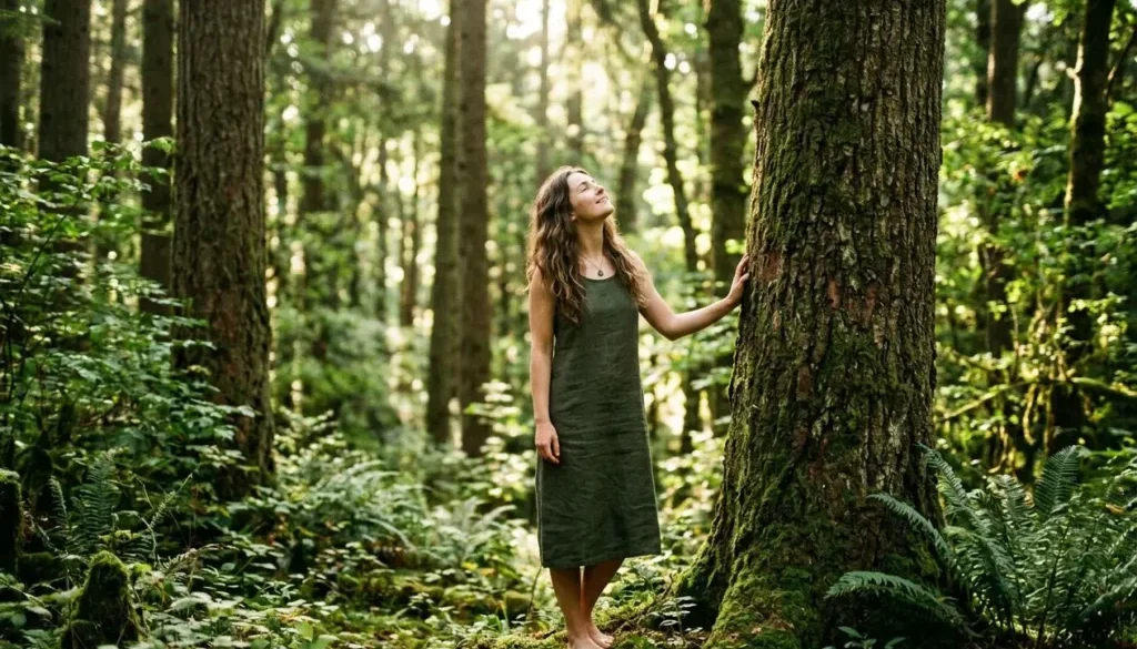 Femme debout pieds nus dans une forêt, touchant un tronc d’arbre, ambiance calme et consciente de la nature. Conscience écologique.