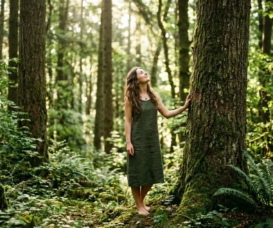 Femme debout pieds nus dans une forêt, touchant un tronc d’arbre, ambiance calme et consciente de la nature. Conscience écologique.
