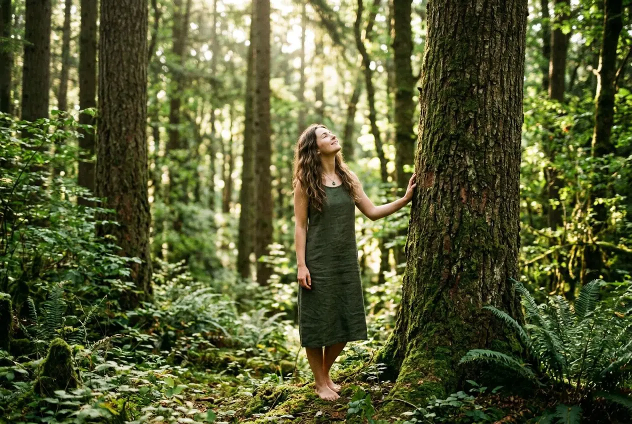Femme debout pieds nus dans une forêt, touchant un tronc d’arbre, ambiance calme et consciente de la nature. Conscience écologique.