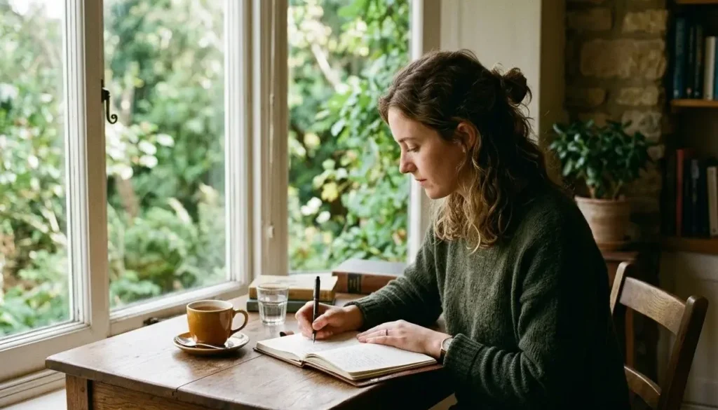 Femme écrivant dans un carnet près d'une fenêtre lumineuse, café sur la table, ambiance calme pour réfléchir à ses valeurs et comment determiner ses valeurs.