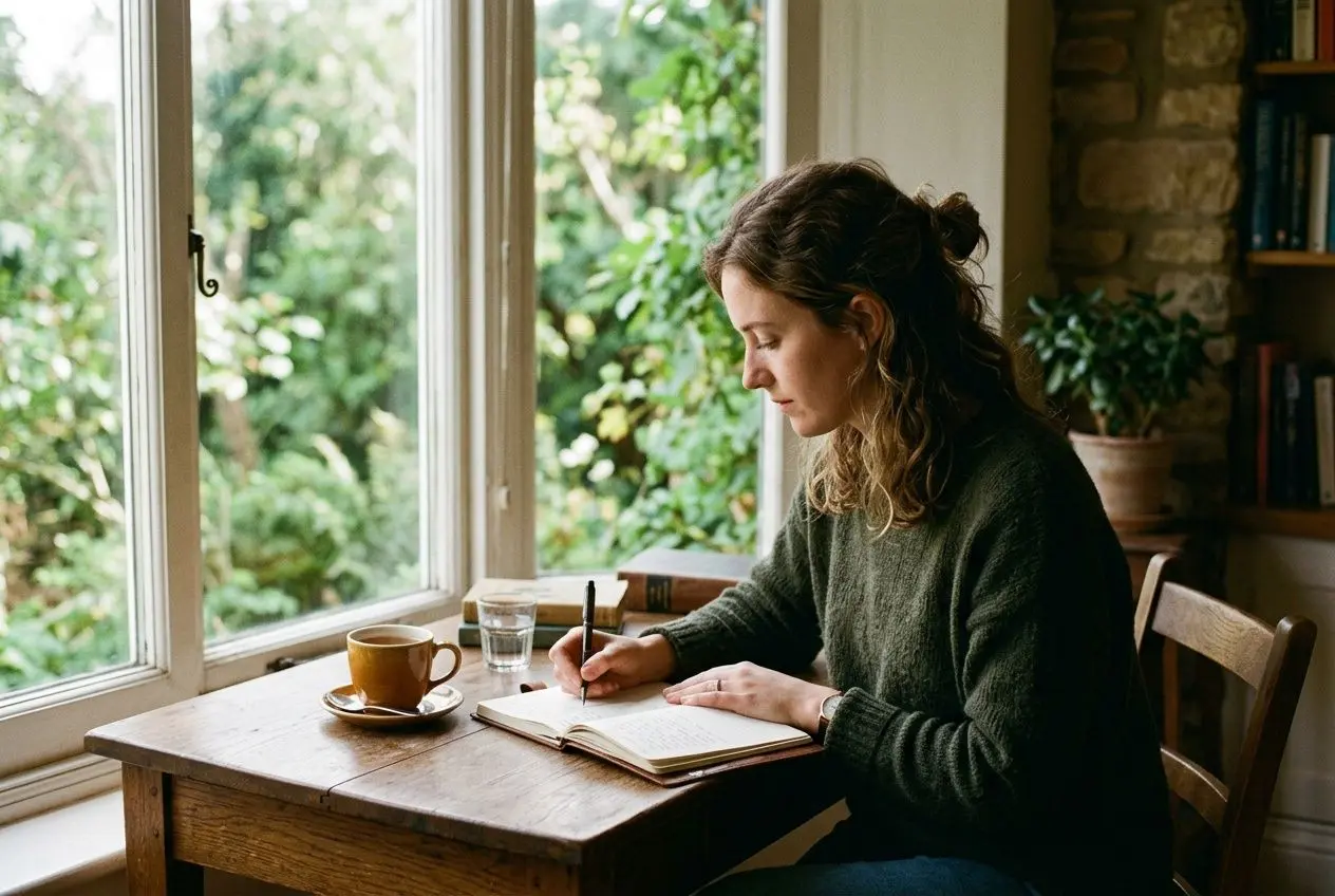 Femme écrivant dans un carnet près d'une fenêtre lumineuse, café sur la table, ambiance calme pour réfléchir à ses valeurs et comment determiner ses valeurs.