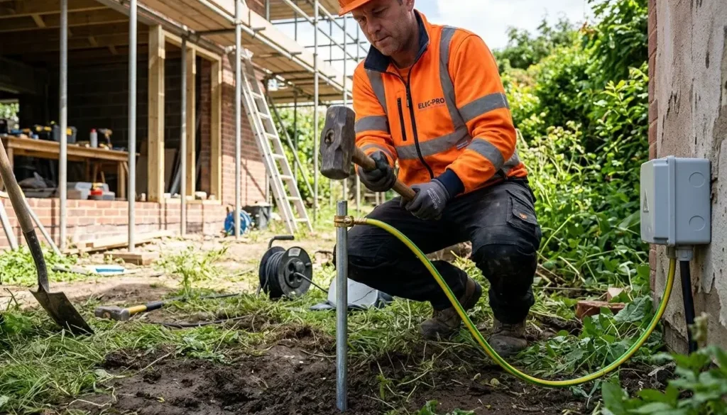 Homme en casque et tenue orange en train de plier un piquet de mise à la terre, connecté à un câble vert-jaune près d'une boîte électrique extérieure.