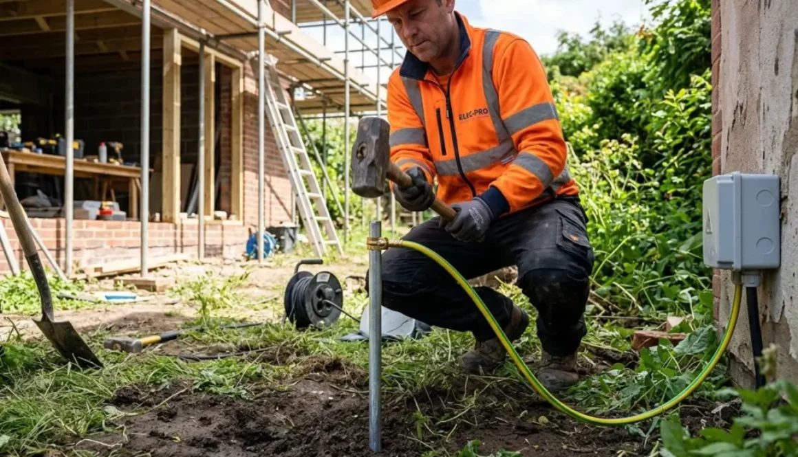 Homme en casque et tenue orange en train de plier un piquet de mise à la terre, connecté à un câble vert-jaune près d'une boîte électrique extérieure.