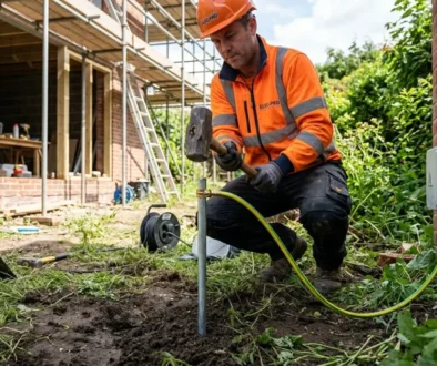 Homme en casque et tenue orange en train de plier un piquet de mise à la terre, connecté à un câble vert-jaune près d'une boîte électrique extérieure.