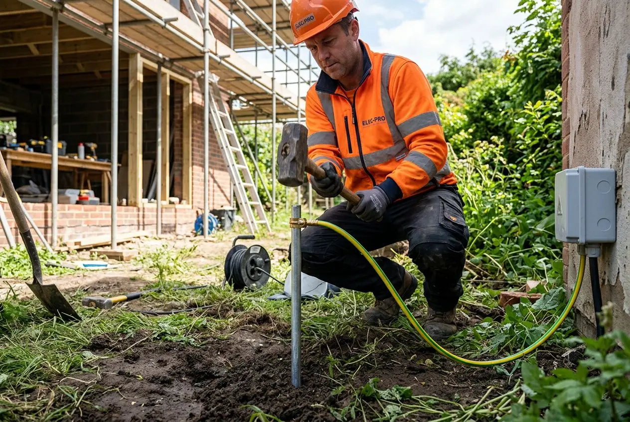 Homme en casque et tenue orange en train de plier un piquet de mise à la terre, connecté à un câble vert-jaune près d'une boîte électrique extérieure.
