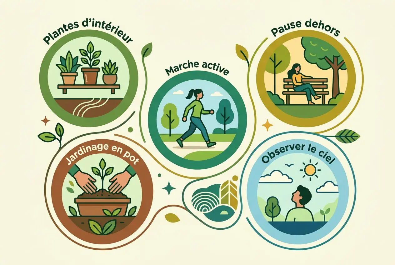 Illustration montrant des conseils pour se reconnecter à la nature: plantes d’intérieur, marche active, pause dehors, jardinage en pot et observer le ciel.