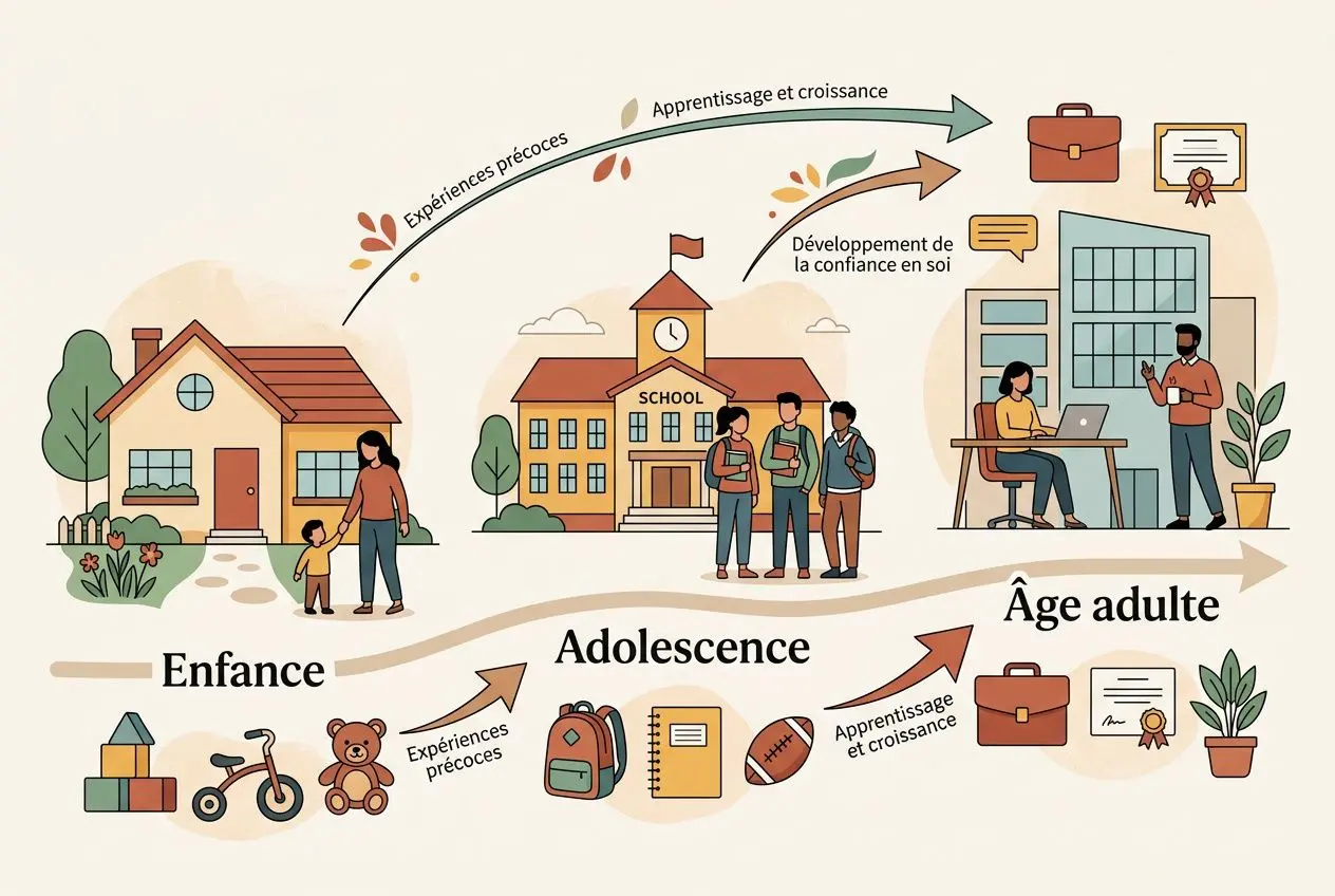 Illustration montrant le parcours de l’enfance à l’âge adulte avec école, adolescence et expériences précoces, symbolisant les 12 signes d'un manque de confiance en soi.