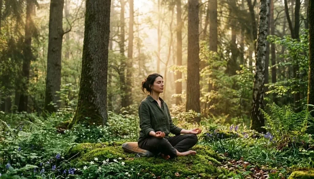 Personne assise en position de méditation dans une forêt verdoyante, rayons du soleil filtrant à travers les arbres; ambiance calme et liée à l’écologie spirituelle.