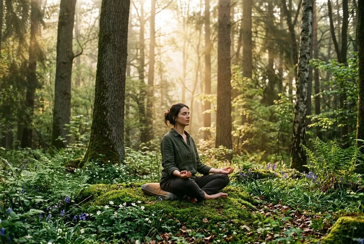 Personne assise en position de méditation dans une forêt verdoyante, rayons du soleil filtrant à travers les arbres; ambiance calme et liée à l’écologie spirituelle.