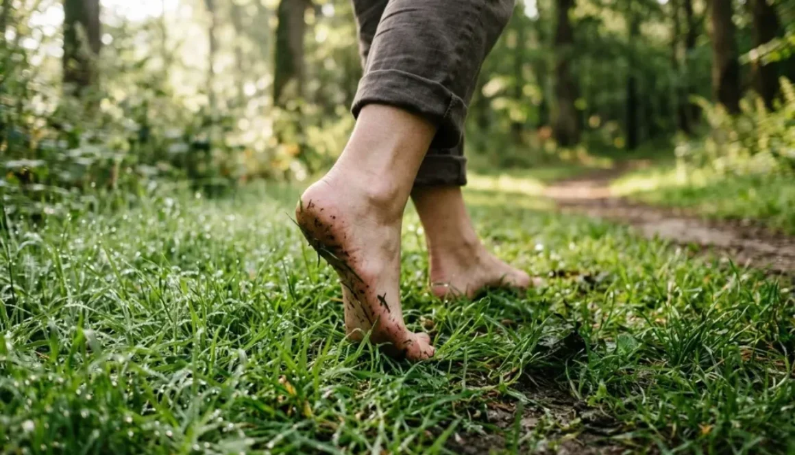 Personne pieds nus marchant sur l’herbe en forêt, touchant le sol pour se relier à la terre.