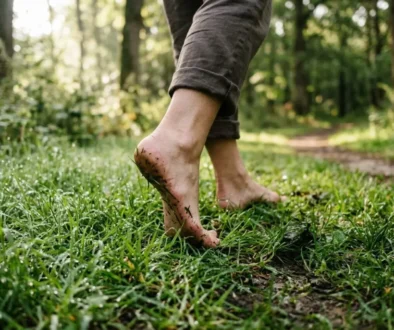 Personne pieds nus marchant sur l’herbe en forêt, touchant le sol pour se relier à la terre.