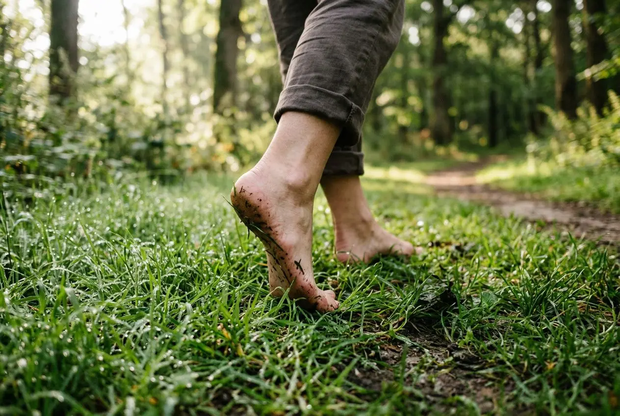 Personne pieds nus marchant sur l’herbe en forêt, touchant le sol pour se relier à la terre.