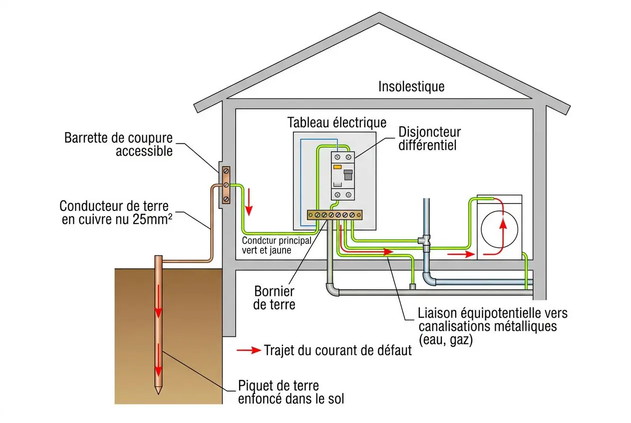 Schéma d’installation électrique montrant la mise à la terre et le chemin du courant de défaut vers la terre, avec piquet et conducteurs reliés à la borne de terre. Se relier à la terre facilite la sécurité électrique et la protection des équipements.